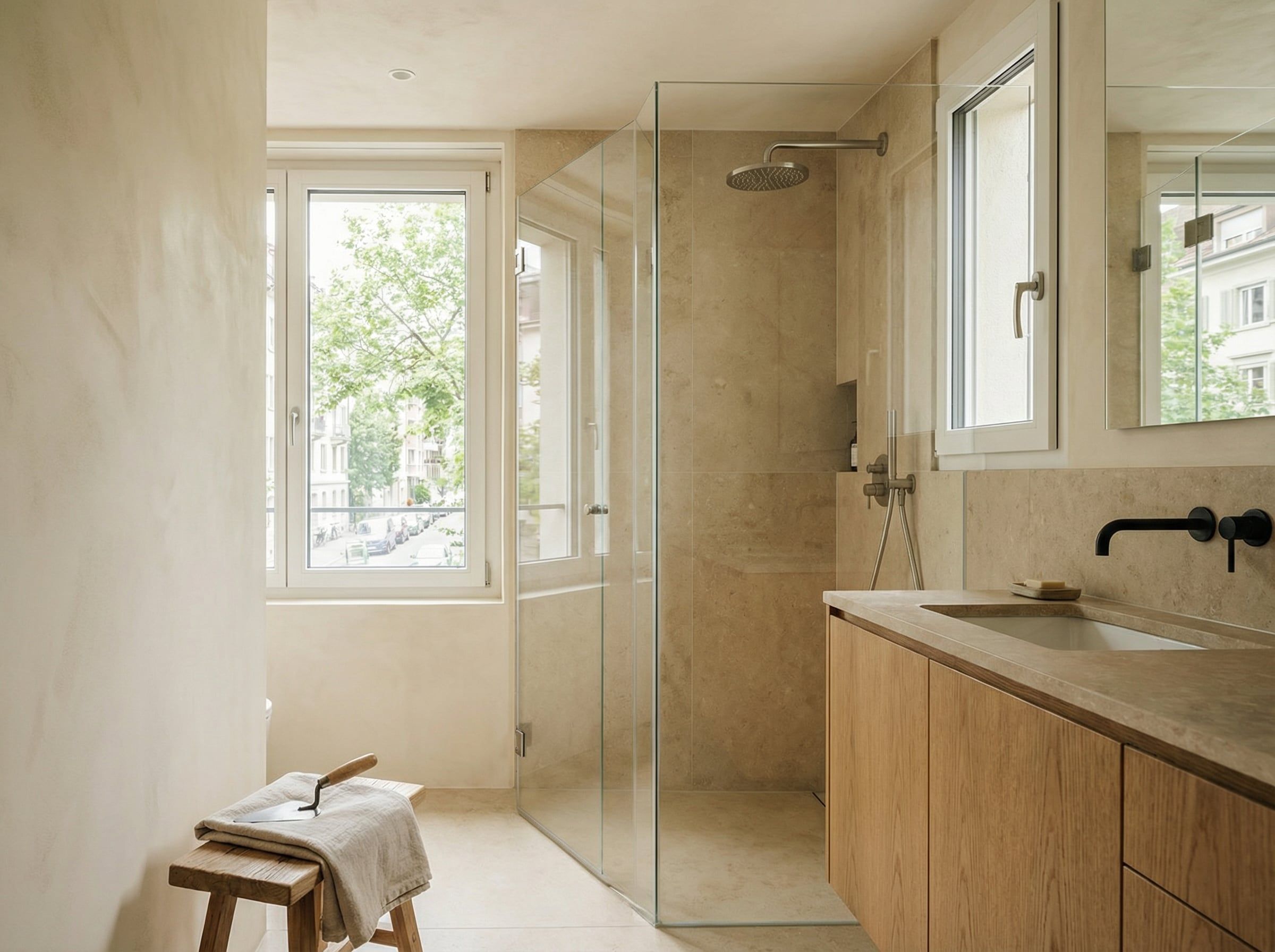 Renoviertes Badezimmer mit bodenebener Dusche, Waschtisch aus Eiche und Natursteinplatten