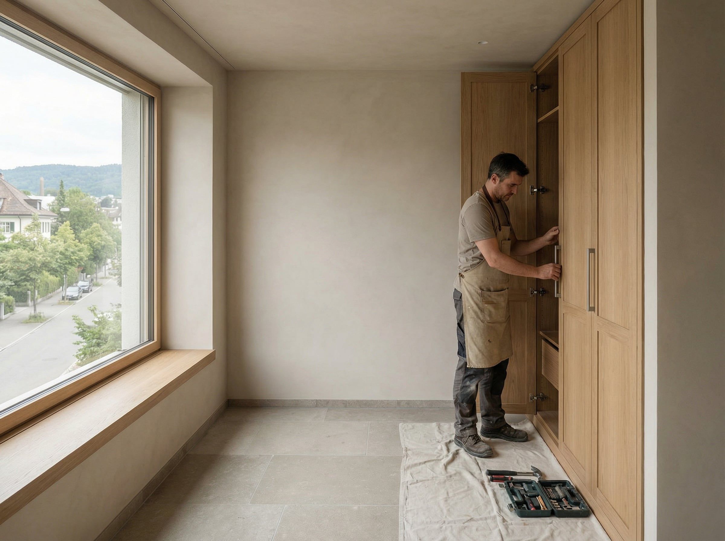 Schreiner montiert einen Einbauschrank aus Eiche in einem hellen Raum